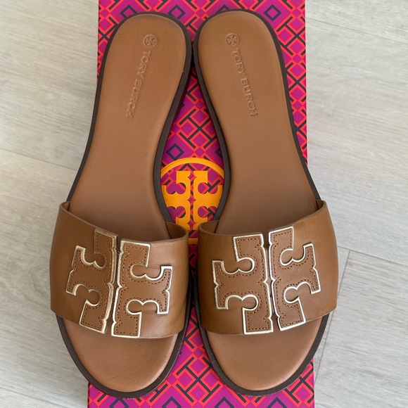 Tory Burch Ines Tan calf leather Slide Sandals with metallic accent - Picture 3 of 3